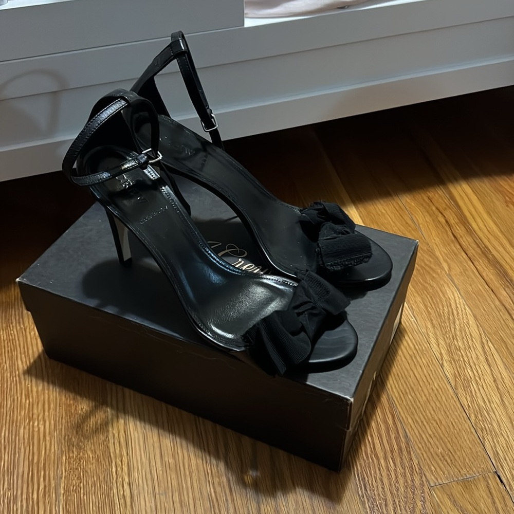 Fabric bow leather heel sandal